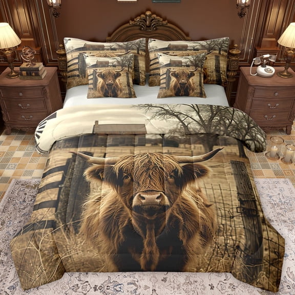 Castle Fairy Highland Cow Bedding Comforter Set 7-Piece for Teens Boys Girls,Western Farmhouse King Bedding Sets,Brown Grey Ultra Soft Bed Sheets,Lightweight Room Decor,Reversible