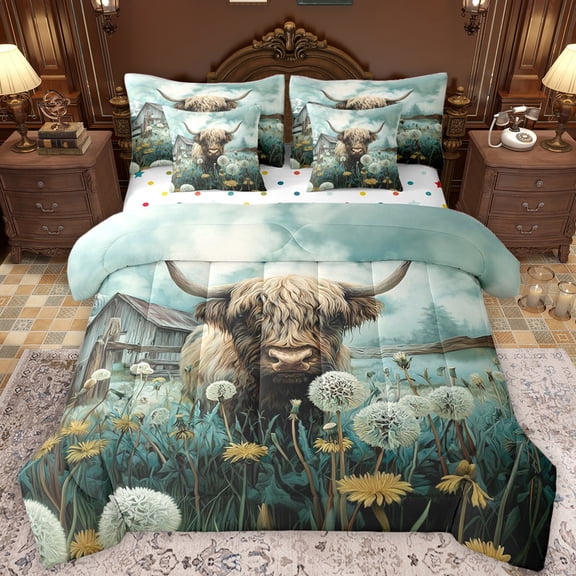 Castle Fairy Highland Cow Bedding Comforter Set 7-Piece for Teens Boys Girls,Western Farmhouse King Bedding Sets,Chic Floral Dandelion Ultra Soft Bed Sheets,Lightweight Room Decor,Reversible