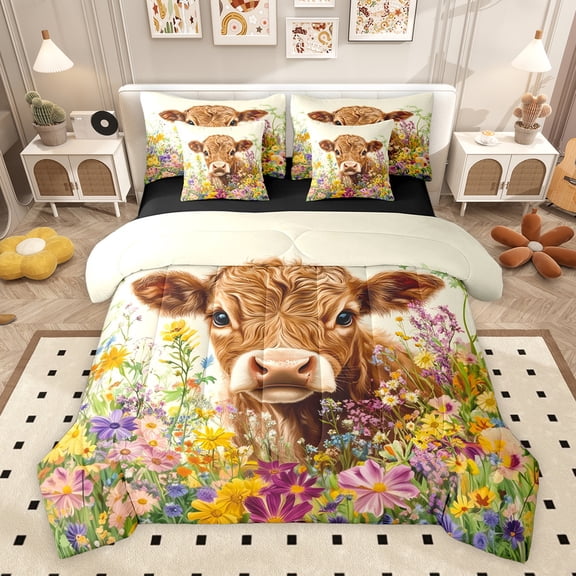 Castle Fairy Highland Cow Bedding Comforter Set,Colorful Floral Flowers Full Bedding Set