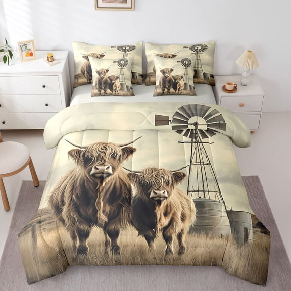 Castle Fairy Highland Cow Bedding Comforter Set,Farmhouse Queen Bedding Sets