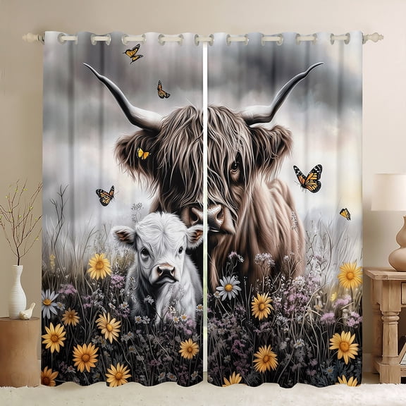 Castle Fairy Highland Cow Black Out Curtains for Boys Girls,Rustic Farmhouse Animal Curtains Pack of 2 (42x63 Each),Floral Flowers Butterflies Bedroom Curtains,Breathable Home Decor