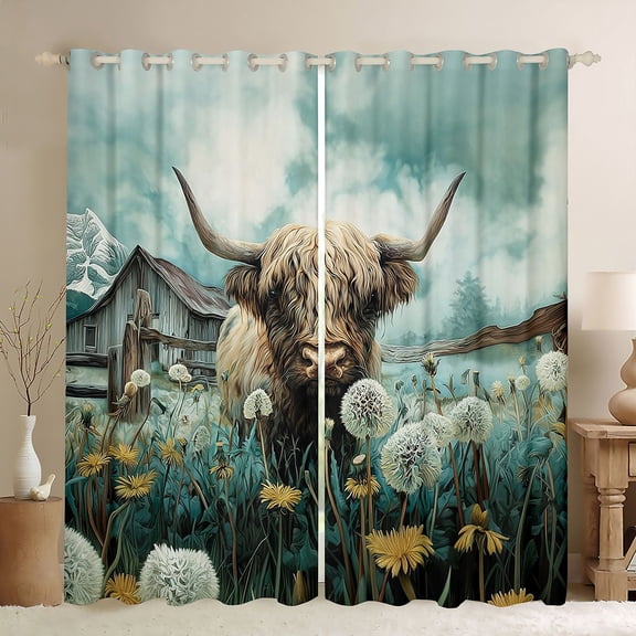 Castle Fairy Highland Cow Black Out Curtains for Teens Boys Girls,Western Farmhouse Curtains Pack of 2 (42x63 Each),Chic Floral Dandelion Bedroom Curtains,Lightweight Room Decor