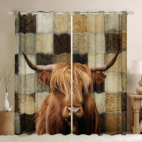 Castle Fairy Highland Cow Curtains Pack of 2 (42x84 Each) for Teens,Geometric Plaid Curtains Blackout,Animal Print Bedroom Curtains,Lightweight Room Decor