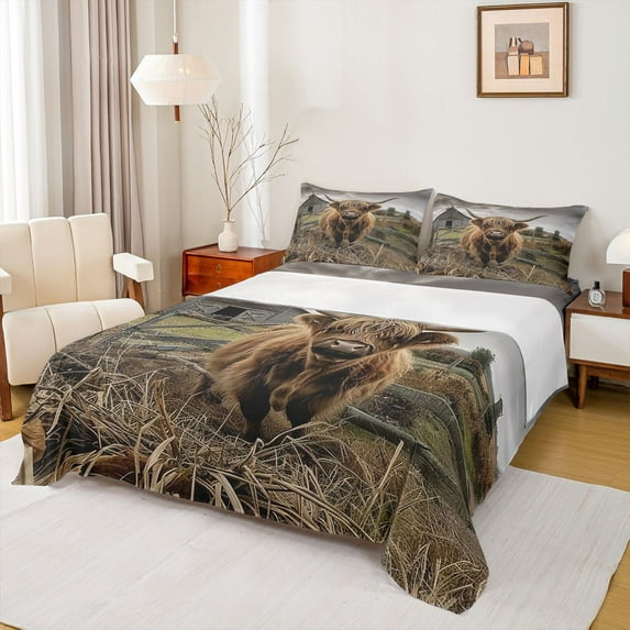 Castle Fairy Highland Cow Full Size Sheets 4-Piece for Teens Boys Girls,Western Farmhouse Breathable Bed Sheets,Rustic Vintage Cabin Lightweight Sheet Sets,Lightweight Room Decor