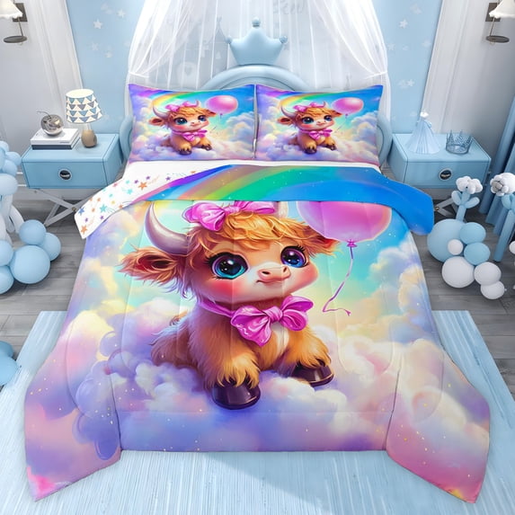 Castle Fairy Highland Cow Queen Comforter Set,Cute Bow Animal Bedding Comforter Set