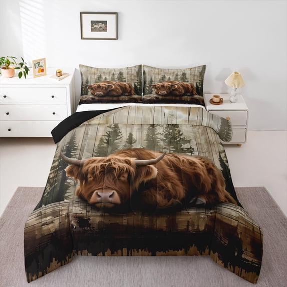 Castle Fairy Highland Cow Queen Comforter Set for Female Men,Vintage Bedding Comforter Set