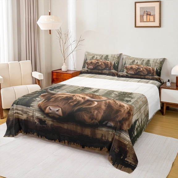 Castle Fairy Highland Cow Queen Sheet Sets for Female Men,Abstract Vintage Bed Set