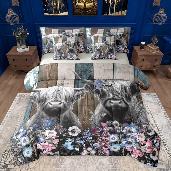 Castle Fairy Highland Cow Twin Bedding Sets 7-Piece for Boys Girls,Rustic Farmhouse Animal Bedding Comforter Set Microfiber,Chic Floral Flowers Breathable Sheet Sets,Luxury Bedroom Decor,Reversible