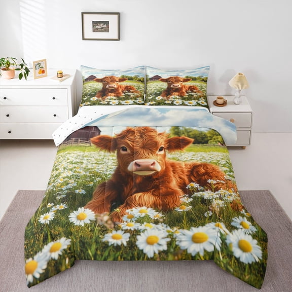 Castle Fairy Highland Cow Twin Comforter Sets Female Men,Floral Daisy Bedding Set