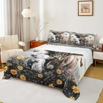 Castle Fairy Highland Cow Twin Sheet Sets 3pcs for Boys Girls,Rustic Farmhouse Animal Twin Fitted Sheet Microfiber,Floral Flowers Butterflies Breathable Flat Sheet,Breathable Home Decor