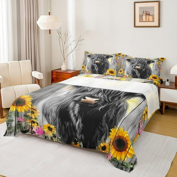 Castle Fairy Highland Cow Twin Sheet Sets 3pcs for Female Men Women,Vintage Chic Floral Sunflowers Twin Fitted Sheet Microfiber,Retro Farmhouse Breathable Flat Sheet,Luxury Bedroom Decor