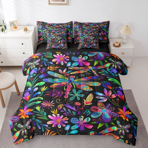 Castle Fairy Hippie Abstract Dragonfly Bedding Comforter Set 7pcs for Female Men Women,Bohemian Chic Floral Flowers Queen Bedding Sets Super Cozy,Boho Exotic Style Queen Sheet Sets