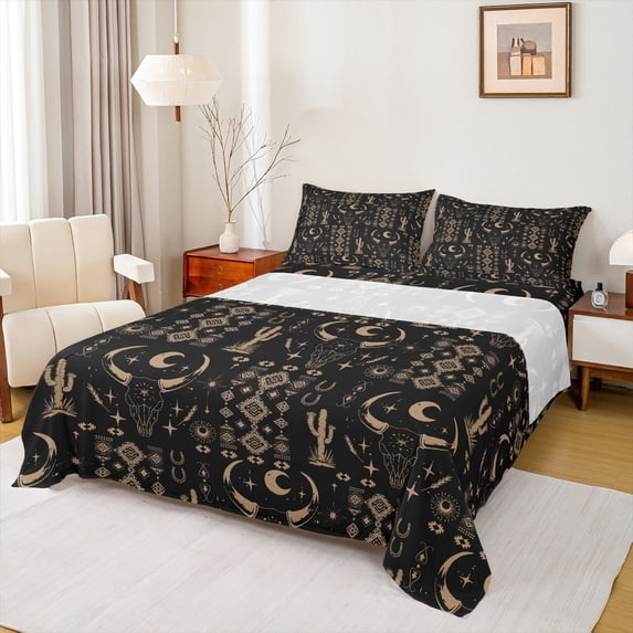 Castle Fairy Hippie Aztec 4pcs Bed Sheets,Bull Skull King Sheets,Exotic Style Super Cozy Sheet Set,Lightweight Western Room Decor