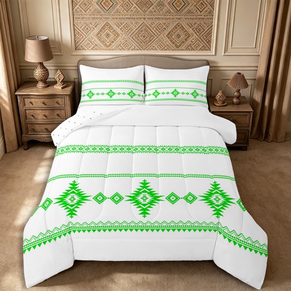 Castle Fairy Hippie Aztec Border Queen Comforter Set 3 Pieces,Tribal Geometric Strip Comforter Sets Queen,White Bright Green,Reversible,1 Comforter and 2 Pillowcases