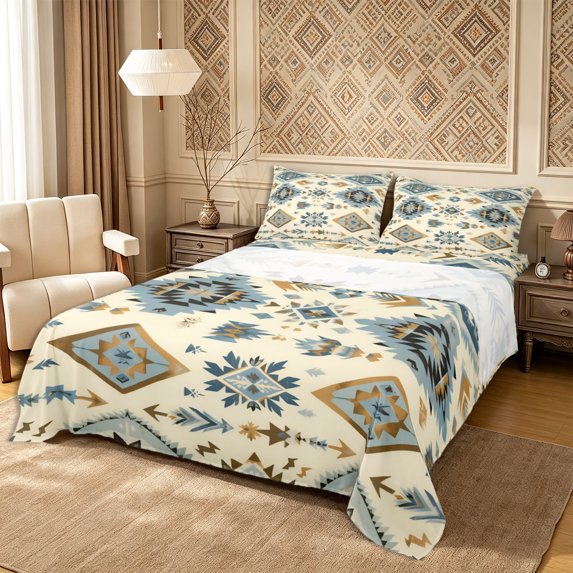 Castle Fairy Hippie Aztec Print Bed Sheets 4-Piece,Retro Tribal Geometric Full Size Sheets,Blue Gold Cream,1 Flat Sheet, 1 Fitted Sheet and 2 Pillowcases