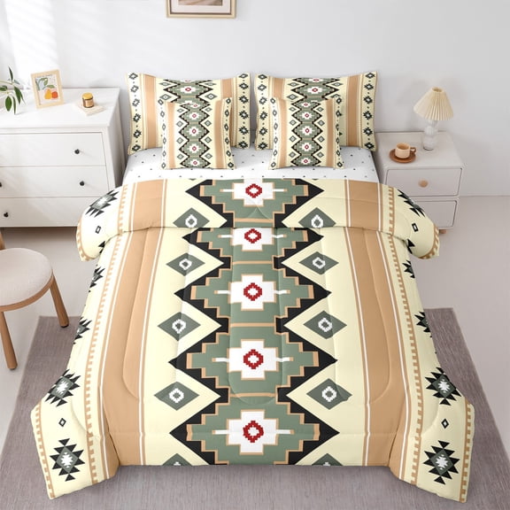 Castle Fairy Hippie Aztec Twin Bedding Sets 7-Piece for Female Men Adults,Abstract Geometric Bedding Comforter Set Microfiber,Bohemian Tribal Breathable Sheet Sets,Super Cozy Room Decor,Reversible