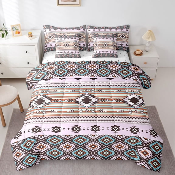 Castle Fairy Hippie Aztec Twin Bedding Sets 7-Piece for Female Men Adults,Abstract Geometric Bedding Comforter Set Microfiber,Bohemian Tribal Breathable Sheet Sets,Super Cozy Room Decor,Reversible