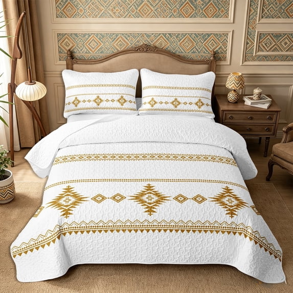 Castle Fairy Hippie Aztec Twin Quilt Set 2 Pieces,Minimalist Geometric Motif Twin Coverlet Set,White Mustard Gold,1 Bedspread and 1 Pillowcase