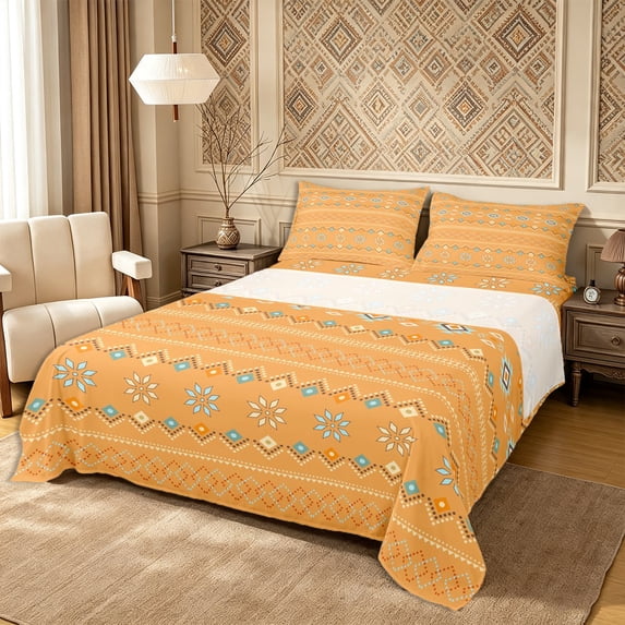 Castle Fairy Hippie Boho Aztec Queen Sheets 4 Pieces,Tribal Floral Stripes Queen Sheet Sets,Terracotta Cream Turquoise,1 Flat Sheet, 1 Fitted Sheet and 2 Pillowcases