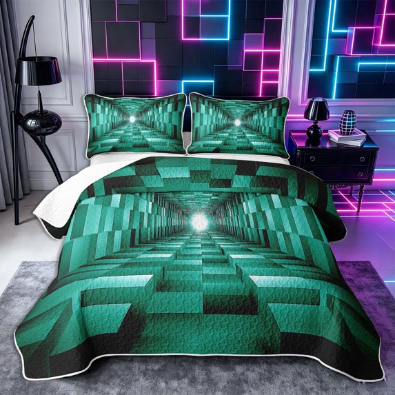 Castle Fairy Hippie Cube Tunnel Quilt Full 3-Piece,Tribal Block Full Bedspread Sets,Teal Black,1 Coverlet and 2 Pillowcases