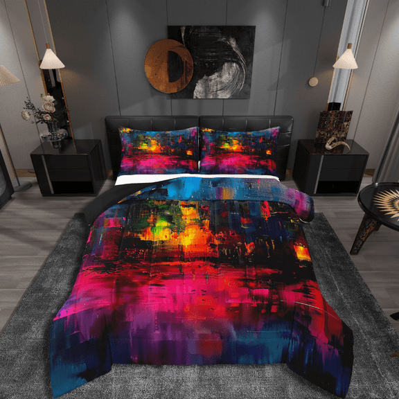 Castle Fairy Hippie Graffiti 3 Pieces Queen Comforter Set,Abstract Artwork Ultra Soft Bedding Sets,Splash Splatter Bedding Comforter Set,Super Cozy Vintage Room Decor,Reversible