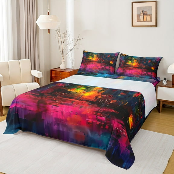 Castle Fairy Hippie Graffiti 4-Piece Full Size Sheets,Abstract Artwork Bed Sheets,Splash Splatter Lightweight Sheet Sets,Super Cozy Vintage Room Decor