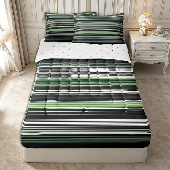 Castle Fairy Hippie Horizontal Stripe Zipper Queen Comforter Set with Fitted Sheet and 2 Pillowcases,Bohemian Line Zipper Bedding Set,Sage Charcoal White,Reversible