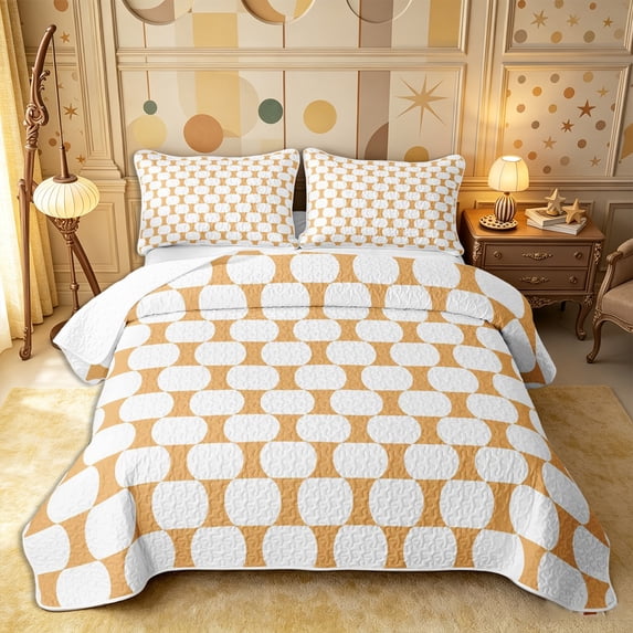 Castle Fairy Hippie Oval Grid Twin Quilt Set 2 Pieces,Tribal Rounded Twin Coverlet Set,Mustard White,1 Bedspread and 1 Pillowcase