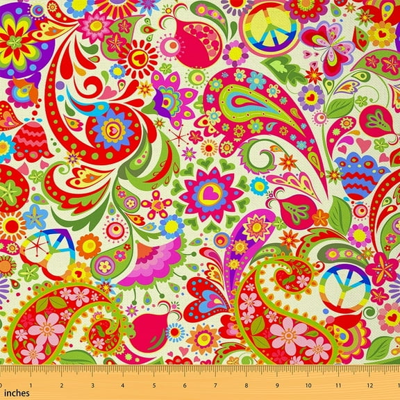 Castle Fairy Hippie Paisley Fabric by the Yard 1 Yard,Exotic Style Home Decor Fabric by the Yard,Peace Sign Room Decor Fabric by the Yard,Microfiber Teens Bedroom Decor