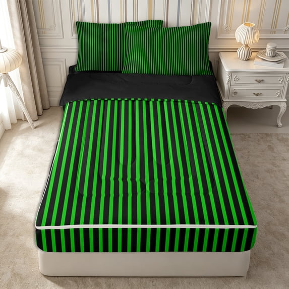 Castle Fairy Hippie Vertical Line Zipper Twin Comforter Sets with Fitted Sheet and 2 Pillowcases,Tribal Linear Pattern Zipper Bedding Set,Bright Green Black,Reversible