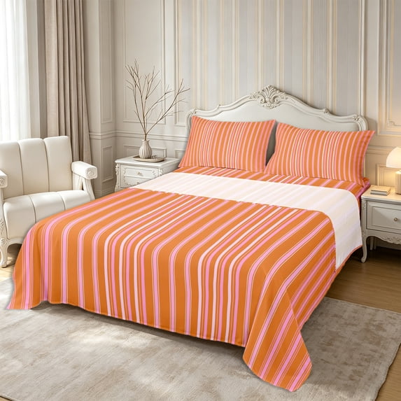 Castle Fairy Hippie Vertical Stripe Bed Sheets 4-Piece,Bohemian Thin Line Full Size Sheets,Orange Pink White,1 Flat Sheet, 1 Fitted Sheet and 2 Pillowcases