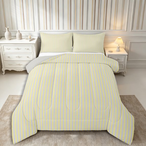 Castle Fairy Hippie Vertical Stripe Queen Comforter Set 3 Pieces,Tribal Linear Pattern Comforter Sets Queen,Pale Yellow Light Gray,Reversible,1 Comforter and 2 Pillowcases