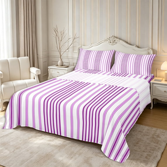 Castle Fairy Hippie Vertical Stripe Queen Sheets 4 Pieces,Bohemian Thin Line Queen Sheet Sets,Violet Lavender White,1 Flat Sheet, 1 Fitted Sheet and 2 Pillowcases