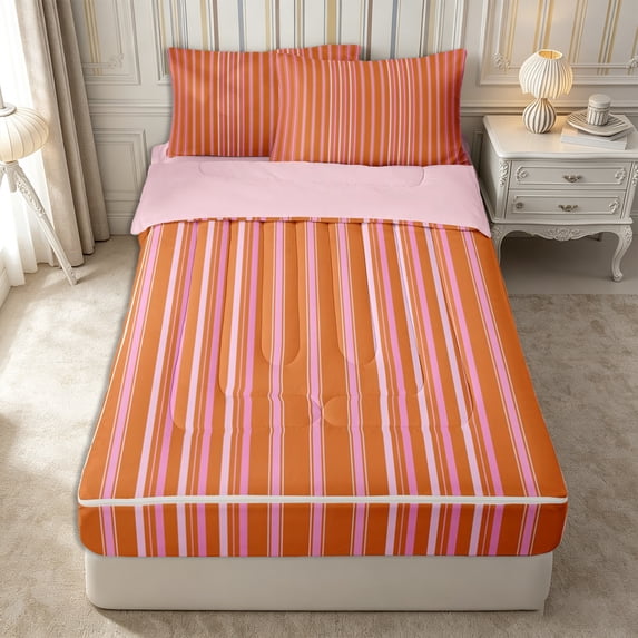 Castle Fairy Hippie Vertical Stripe Zipper Queen Comforter Set with Fitted Sheet and 2 Pillowcases,Bohemian Thin Line Zipper Bedding Set,Orange Pink White,Reversible