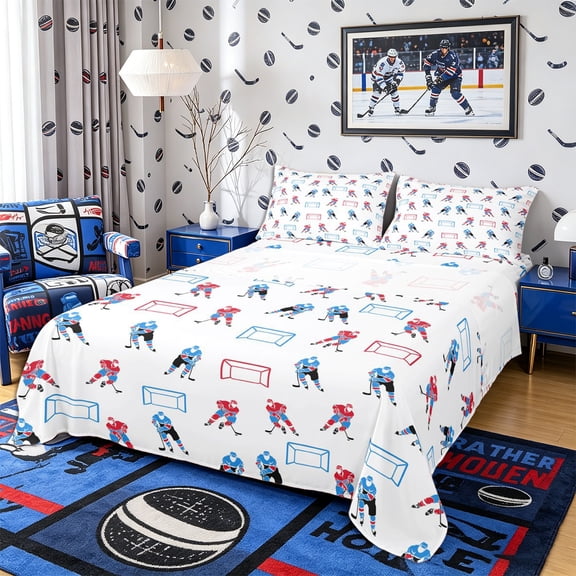 Castle Fairy Hockey Print Bed Sheets 4-Piece, Sport Theme Full Size Sheets, Red Blue,1 Fitted Sheet, 1 Flat Sheet and 2 Pillowcases