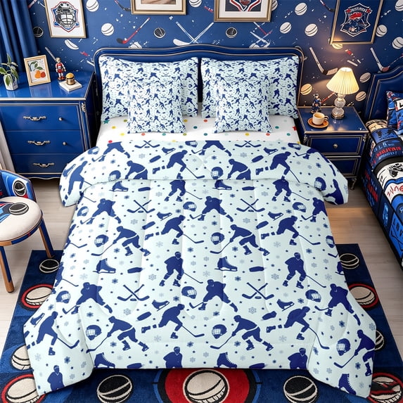 Castle Fairy Hockey Print King Bedding 7pcs, Sport Gamer King Bed in a Bag, Blue White