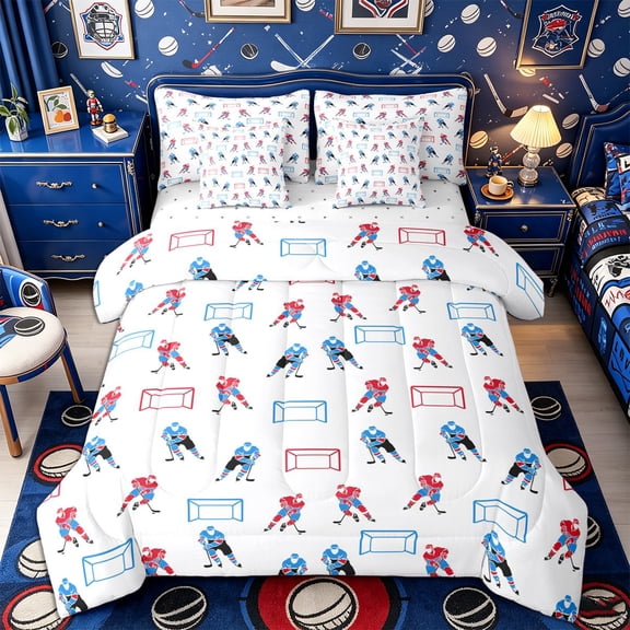 Castle Fairy Hockey Print Twin Bedding 7-Piece, Sport Theme Bedding Comforter Set, Red Blue