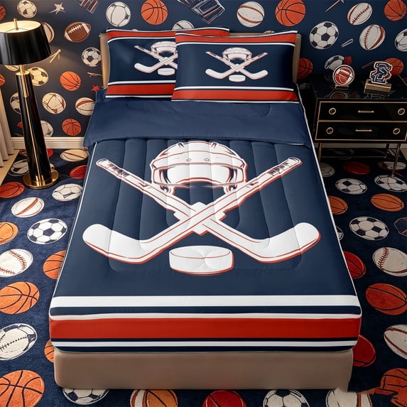 Castle Fairy Hockey Print Zipper Full Size Comforter Sets with Fitted Sheet and 2 Pillowcases, Sport Theme Stripes Zipper Bedding Set, Red White Blue,4pcs,Navy Blue Reversible