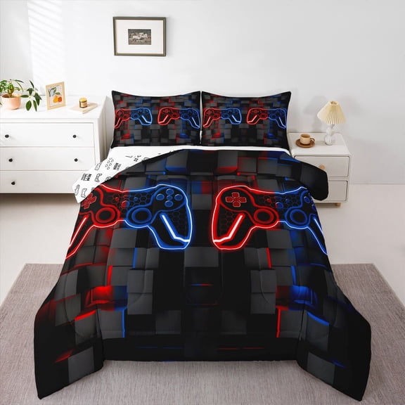 Castle Fairy Honeycomb Gamepads Twin Comforter Sets,Abstract Futuristic Plaid Bedding Set