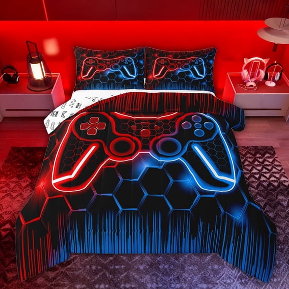 Castle Fairy Honeycomb Gamepads Twin Comforter Sets,Gradient Gamer Bedding Set