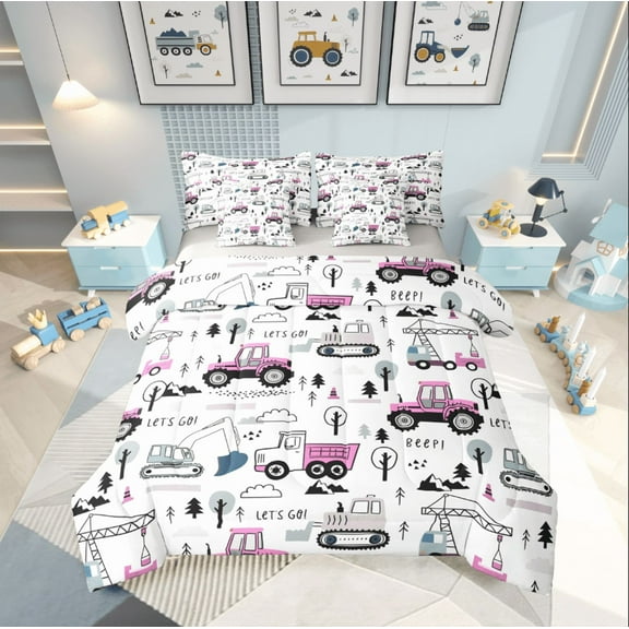 Castle Fairy Hotpink Tractor Girl 7 Pieces Bedding Comforter Set,Kawaii Truck Full Bedding Set Lightweight,Construction Vehicles Fitted Sheet Flat Sheet,Luxury Bedroom Decor