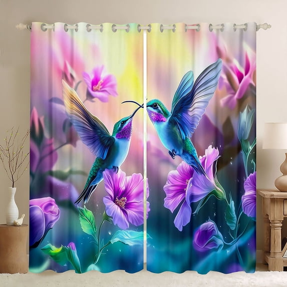 Castle Fairy Hummingbird Black Out Curtains,Purple Floral Curtains Pack of 2 (42x63 Each)