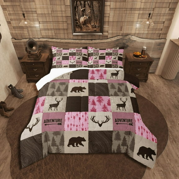 Castle Fairy Hunting Deer Bear 3-Piece Full Size Comforter Sets,Rustic Plaid Bedding Comforter Set,Brown Pink Lightweight Bedding Sets,Microfiber Animal Bedroom Decor