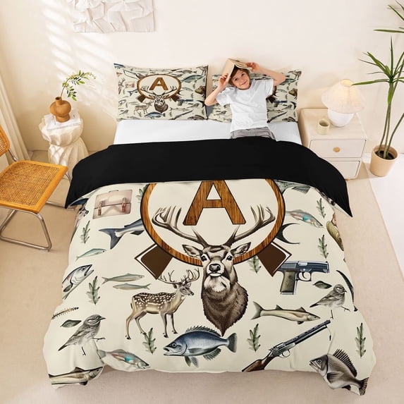 Castle Fairy Hunting Wood Letter A Duvet Cover Set for Boys,Jungle Wildlife Deer Bedding Full,3-Piece,No Comforter,Black Reversible