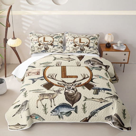 Castle Fairy Hunting Wood Letter L Quilt Full for Boys,Wildlife Pattern Full Bedspread Sets