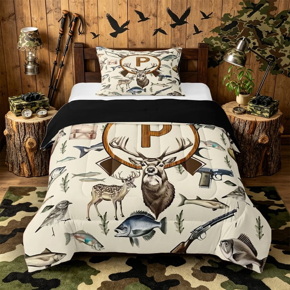 Castle Fairy Hunting Wood Letter P Twin Comforter Sets 3-Piece for Boys,Wildlife Deer Bedding Set,Black Reversible