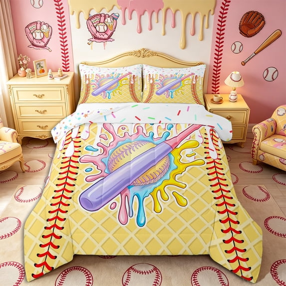 Castle Fairy Ice Cream Baseball Bat Print Queen Comforter Set 3 Pieces, Watercolor Ice Cream Drip Comforter Sets Queen, Pink Purple Yellow,1 Comforter and 2 Pillowcases
