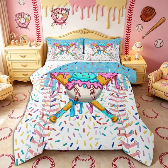 Castle Fairy Ice Cream Baseball Full Size Comforter Sets 3-Piece, Sport Theme Bedding Comforter Set, Blue Pink White,1 Comforter and 2 Pillowcases