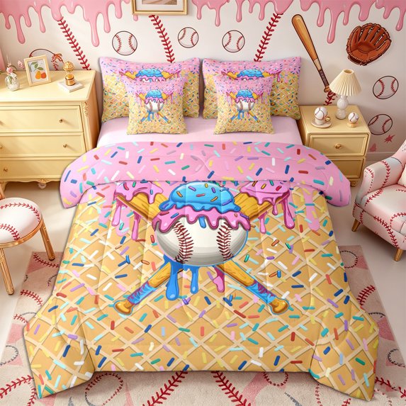Castle Fairy Ice Cream Baseball Queen Bedding 7pcs, Ball Gamer Bedding Comforter Set Queen, Pink Blue Yellow,Pink Reversible