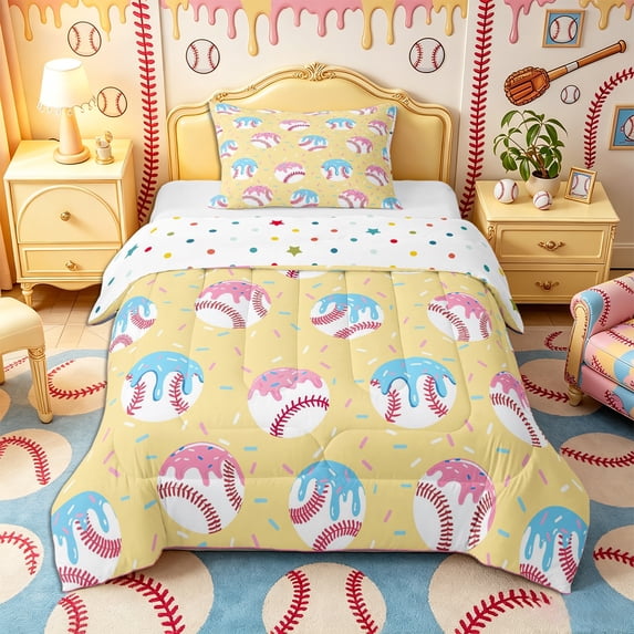 Castle Fairy Ice Cream Baseball Twin Comforter Sets 2pcs, Sport Dessert Theme Bedding Set, Yellow Pink Blue,1 Comforter and 1 Pillowcase